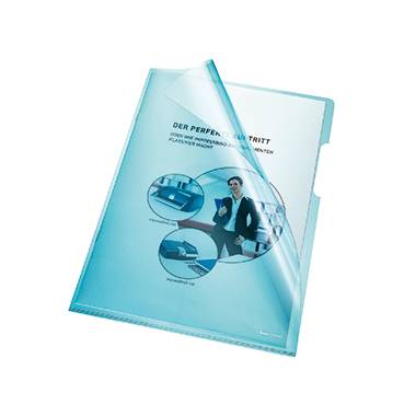 Transparente blaue Dokumentenmappe mit aussagekräftigen Bildern eines Business-Anzugs. Text: 'Der perfekte Auftritt'.