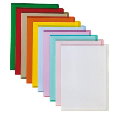 Mehrere verschiedenfarbige Dokumentenmappen auf weißem Hintergrund, darunter grün, rot, beige, gelb, orange, blau, lila und rosa.