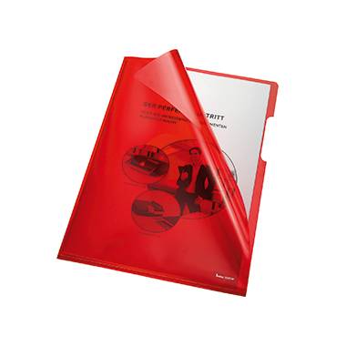 Rote Klarsichthülle mit Dokumenteinschub, sichtbar ist ein Papier mit Diagrammen und einer Illustration, die professionelle Nutzung suggeriert.