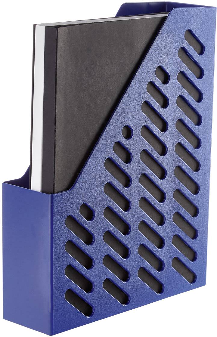 Blauer Zeitschriftensammler aus Kunststoff mit schwarzem Buch darin.