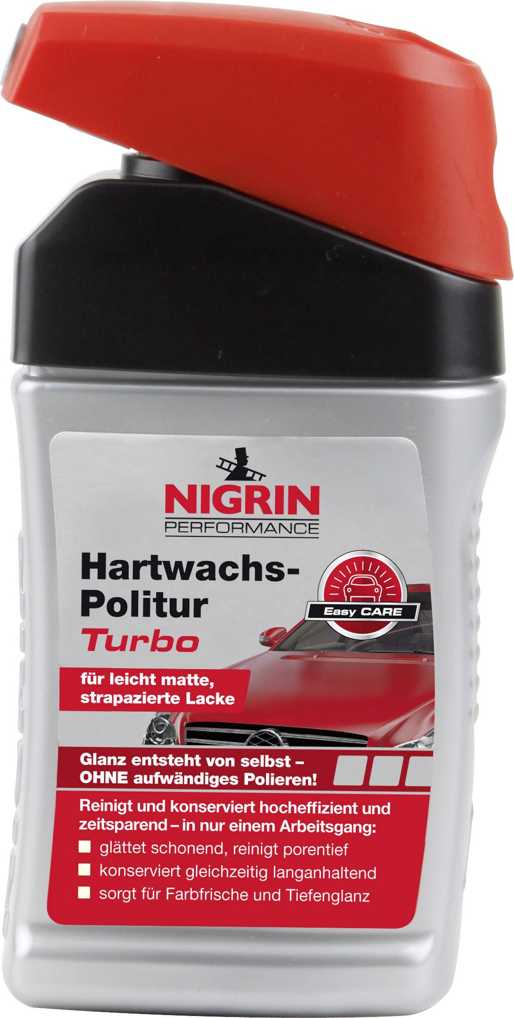 'NIGRIN Performance Hartwachs-Politur Turbo', eine Flasche Autopolitur für matte Lacke, reinigt und konserviert in einem Schritt.
