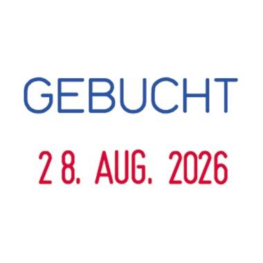 'GEBUCHT 28. AUG. 2026' in blauer und roter Schrift auf weißem Hintergrund.