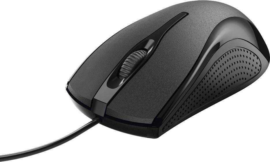 Eine schwarze kabelgebundene Computermaus mit ergonomischem Design und Scrollrad, auf weißem Hintergrund.