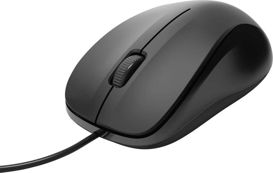 Schwarze kabelgebundene Computermaus mit Scrollrad, geeignet für Benutzer im Büro oder Zuhause zur Navigation am Computer.