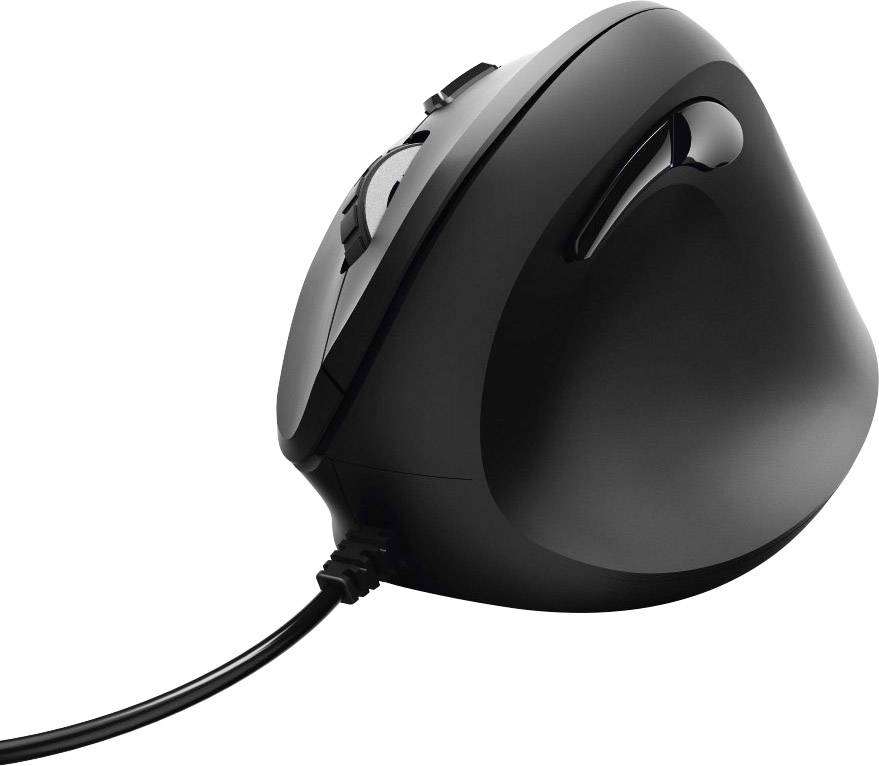 Schwarze, vertikale ergonomische Computermaus mit Kabelanschluss, konzipiert zur Reduzierung der Handbelastung und Verbesserung des Komforts.