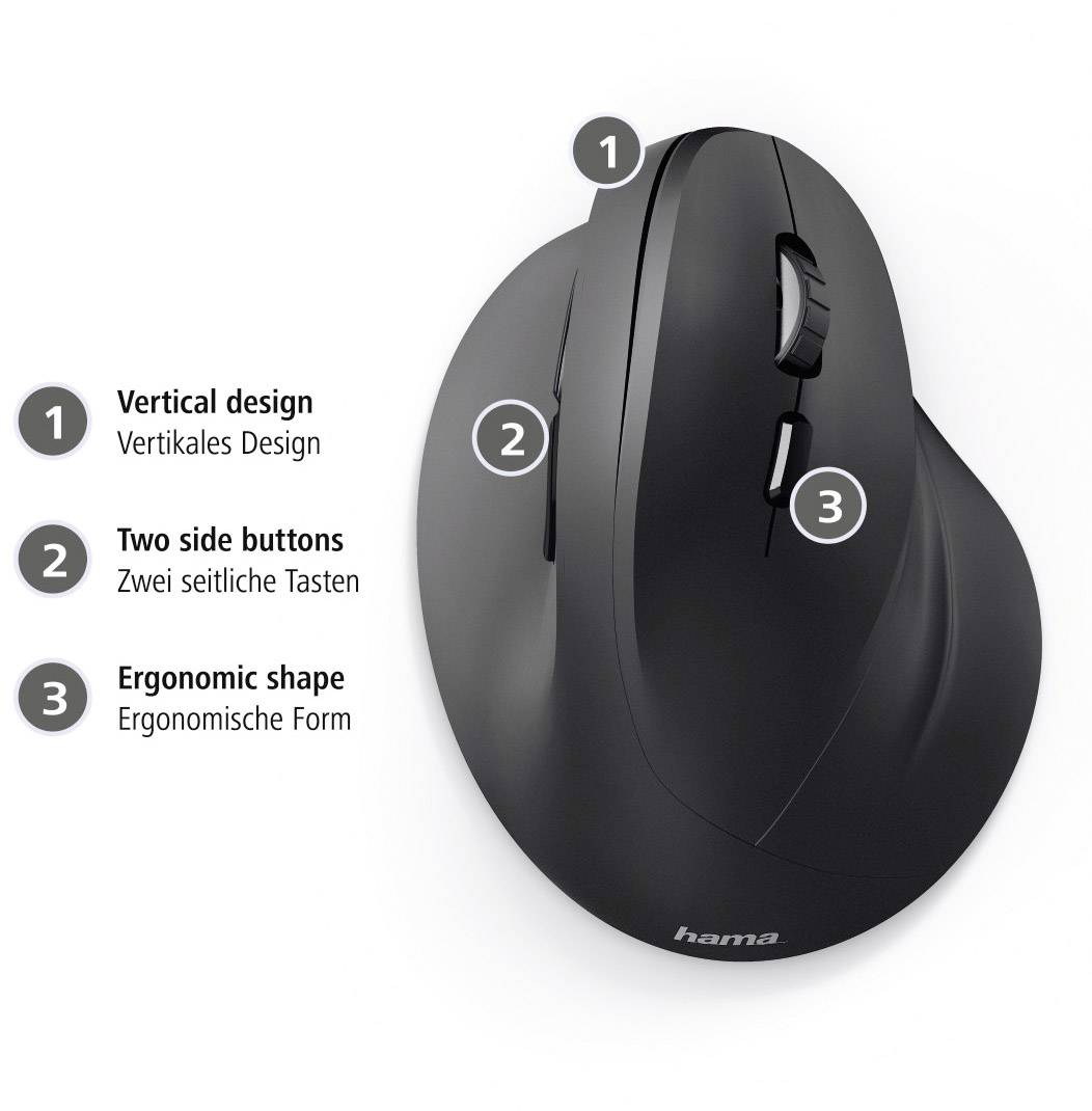 Schwarze ergonomische vertikale Maus mit zwei seitlichen Tasten und Scrollrad, optimiert für Komfort.