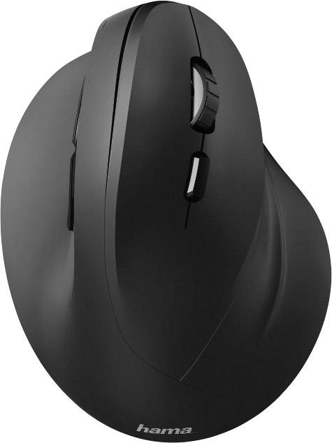 Ergonomische, schwarze Computermaus mit seitlichen Tasten und Scrollrad, die Komfort und Funktionalität für längeres Arbeiten bietet.