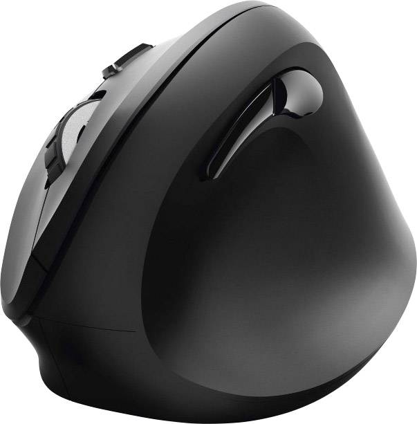 Vertikale, ergonomische Computermaus in Schwarz, gestaltet zur Reduzierung von Handgelenkbelastungen mit Tasten und Scrollrad.