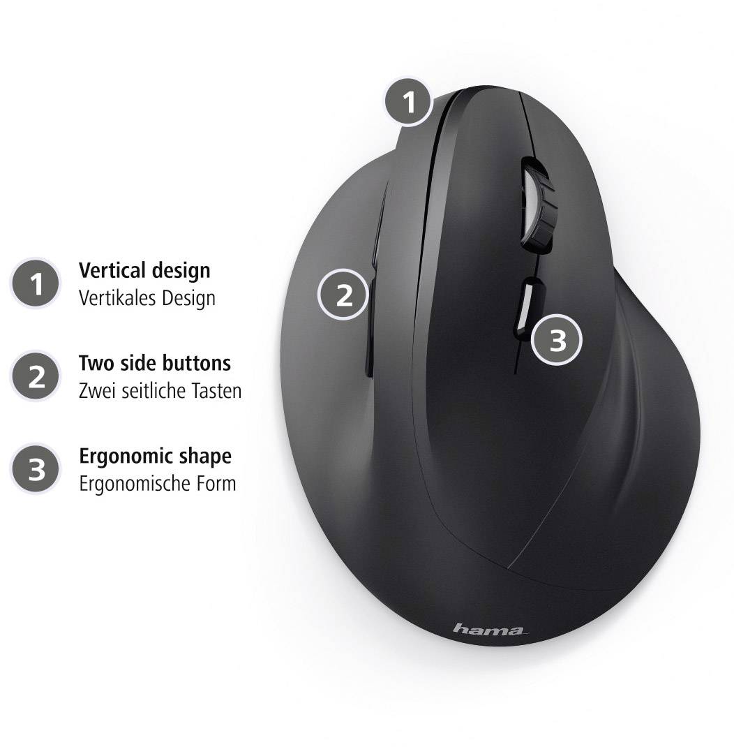 'Vertikales Design, zwei seitliche Tasten, ergonomische Form.' Schwarze vertikale Computermaus mit Beschreibungspunkten.
