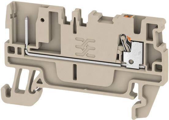 Ein brauner elektrischer Klemmenblock mit einer Metallklemme und einem Hebel, der für die Verbindung von elektrischen Drähten verwendet wird.