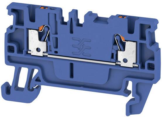 Blauer, elektronischer Anschlussklemmenblock mit Metallklammern und orangen Details in einem technischen Kontext.
