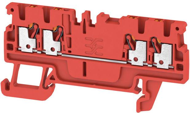 Rote Reihenklemme mit metallischen Kontakten. Eignet sich für die Verdrahtung in elektrischen Installationen.