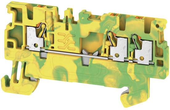 Klemmenblock mit gelbem und grünem Gehäuse. Zwei Metallklemmen sichtbar. Verwendung in elektrischen Verbindungen.