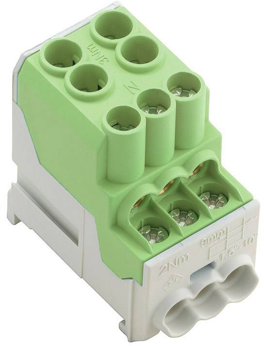 Grüner elektrischer Steckverbinder mit sechs Anschlüssen, geeignet für Kabelverbindungen in elektrischen Installationen.