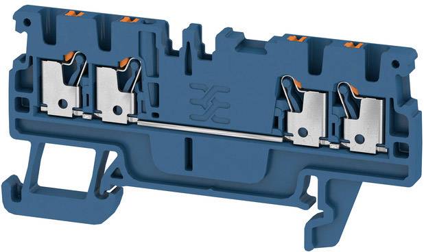 Elektrische Reihenklemme, blau, mit Metallkontakten und orangenen Hebeln, zur Verdrahtung und Verbindung von elektrischen Leitungen.