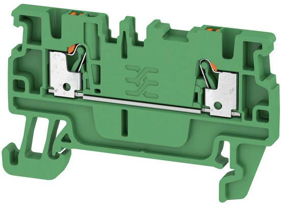 Grüner Installationsklemmenblock mit Metallbefestigungen, zur elektrischen Verdrahtung genutzt.