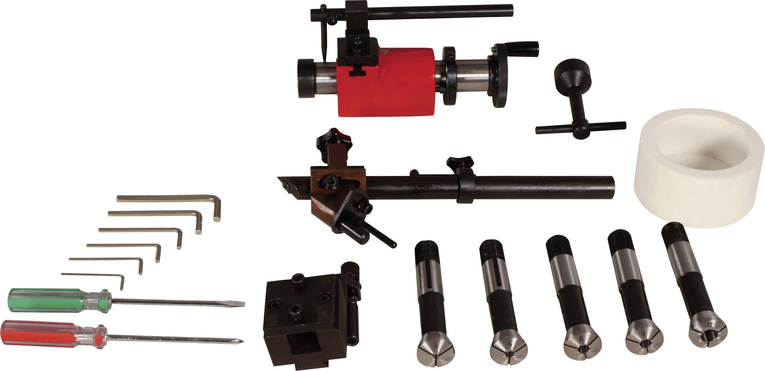 Werkzeugsatz zur Zylinderschlosserstellung mit Inbusschlüsseln, Schraubendrehern, Fräse, Aufsätzen und Spanneinheit.