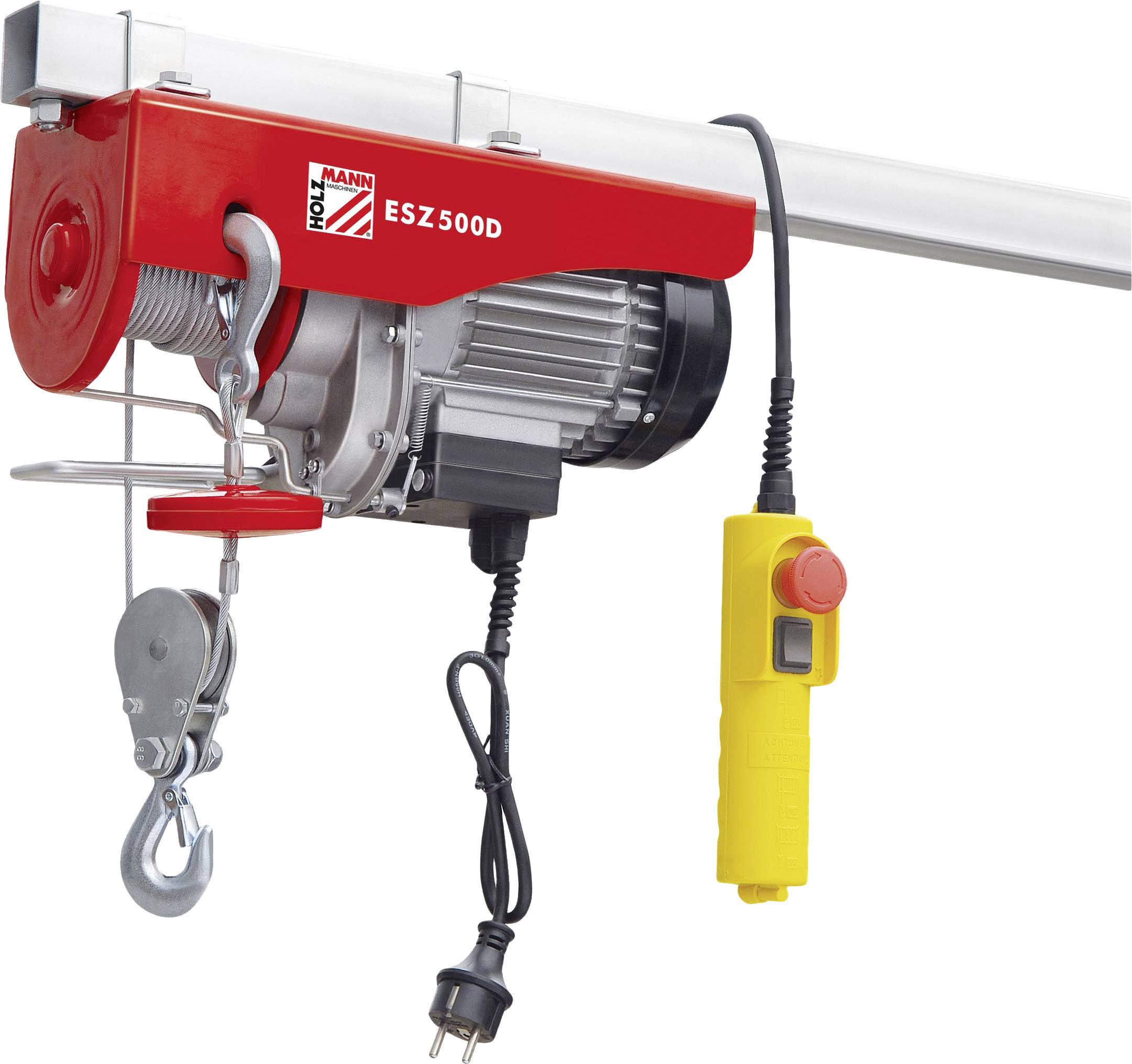 Roter elektrischer Seilzug mit dem Label 'HOLZMANN ESZ500D', Haken und gelber Fernbedienung, an einer Metallschiene montiert.