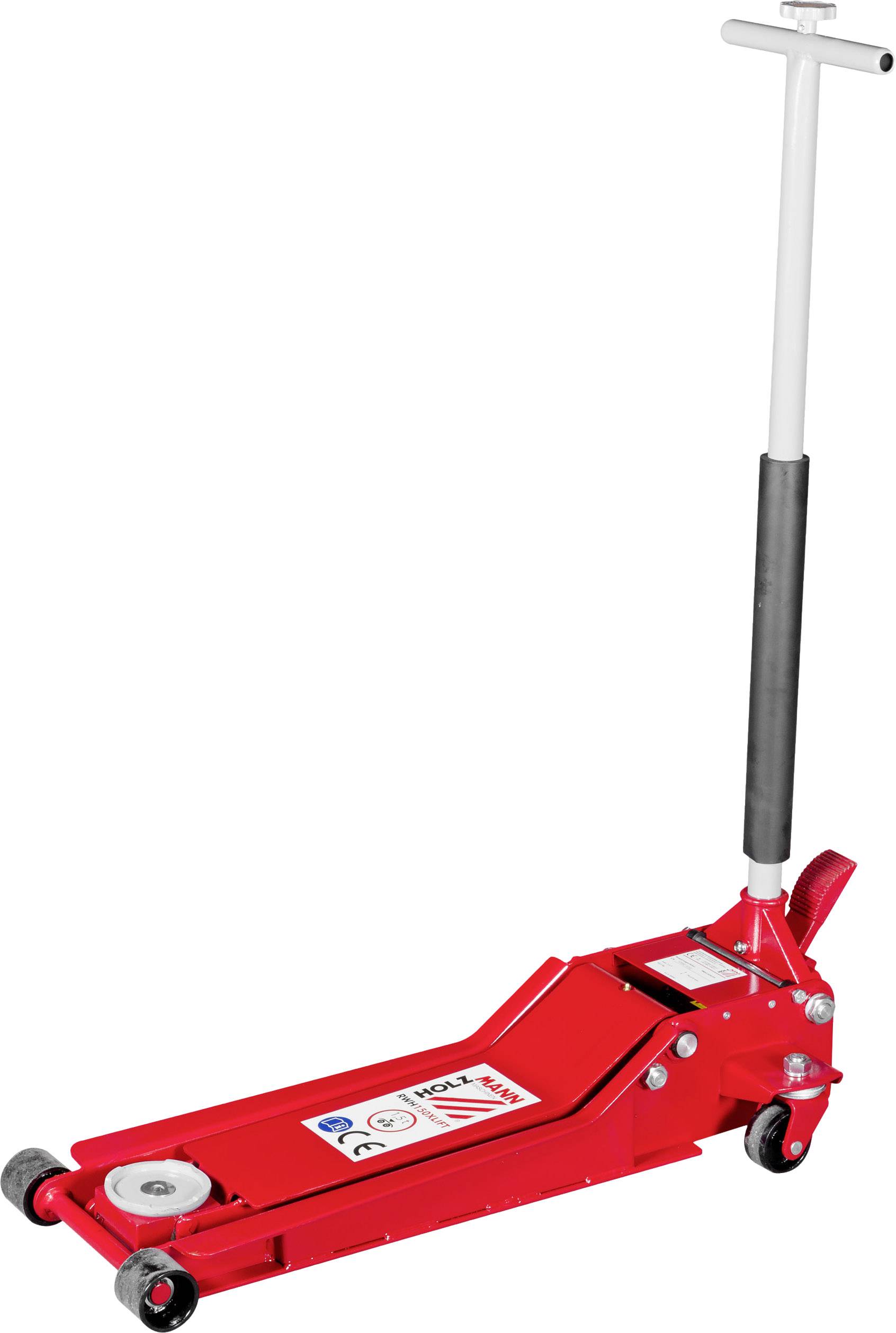 Ein roter hydraulischer Bodenwagenheber mit langem Griff, verwendet zum Anheben von Fahrzeugen für Reparaturen oder Wartung.