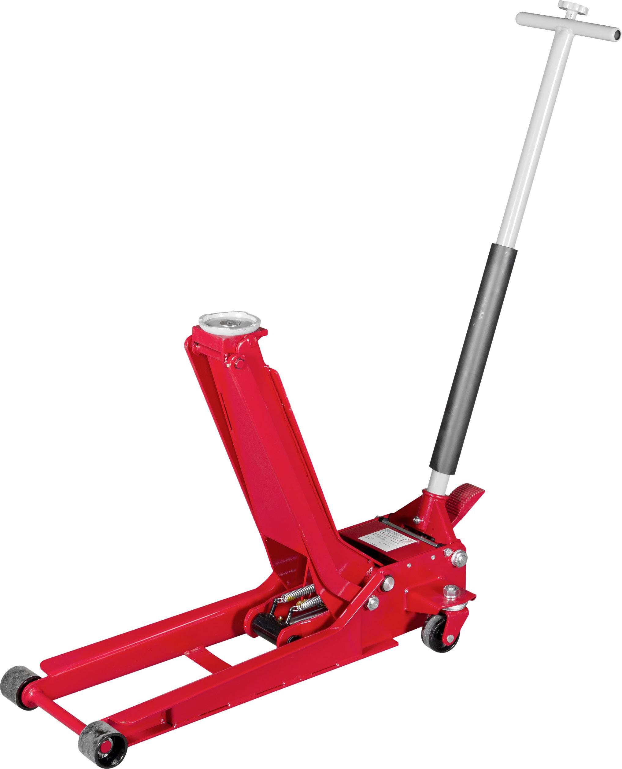 Roter Wagenheber mit Hebelarm, auf Rädern, eingesetzt zum Anheben von Fahrzeugen oder schweren Lasten.