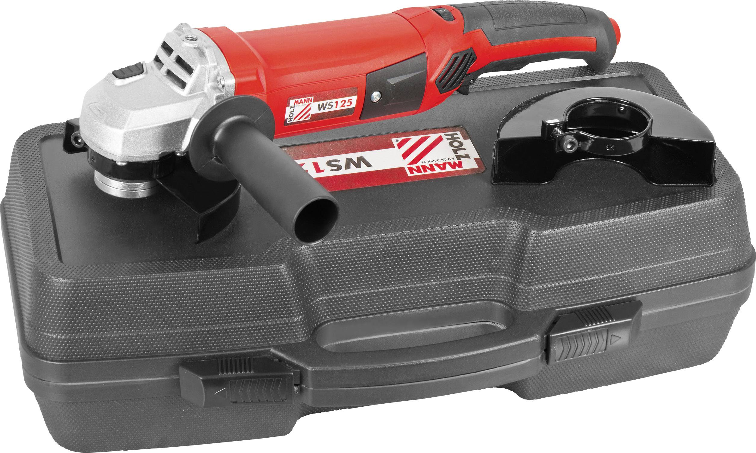 Winkelschleifer auf einem schwarzen Werkzeugkasten. Das Gerät hat einen roten Griff und ist vorbereitet für den Einsatz im Handwerk.