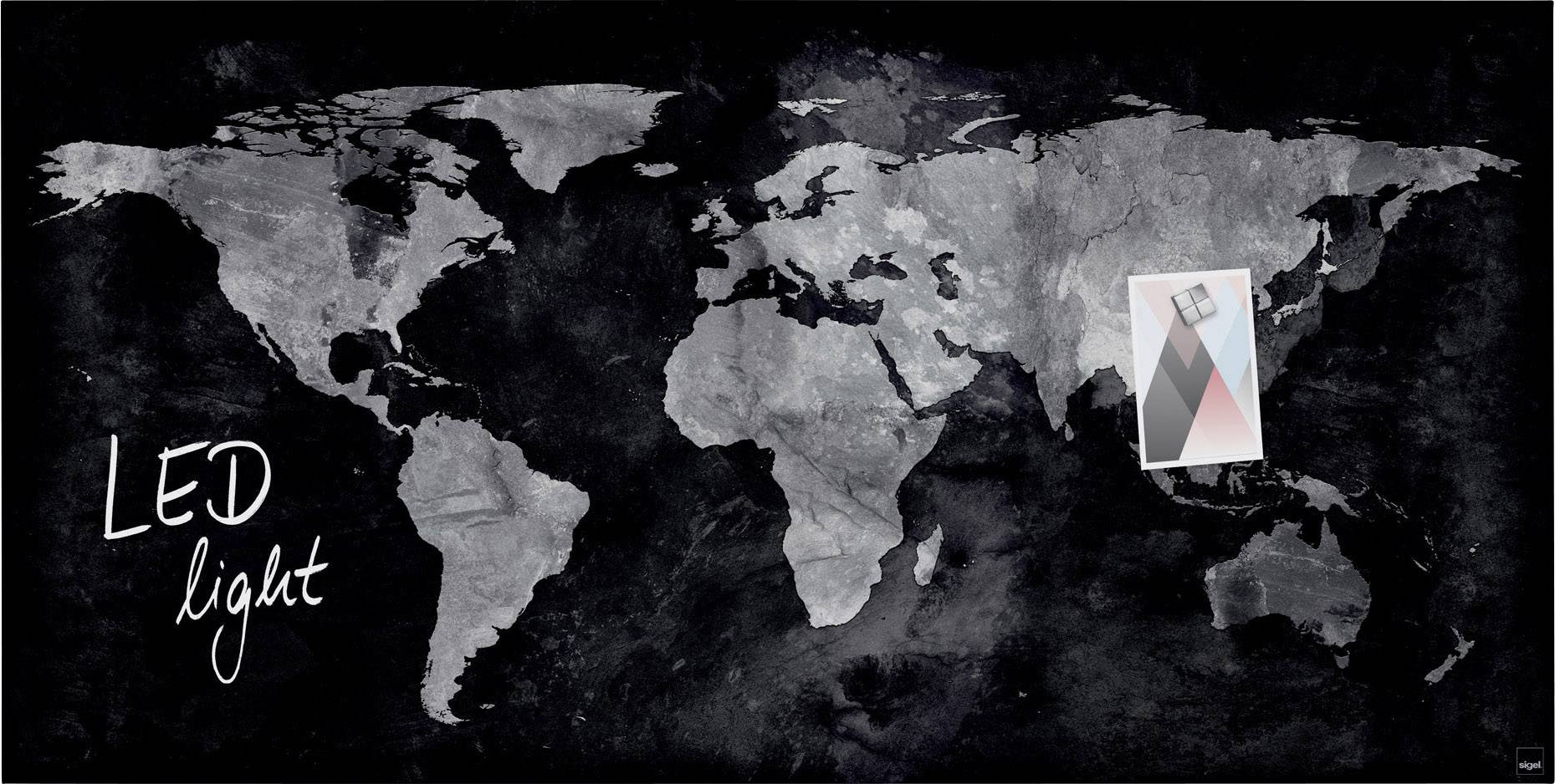 Sigel Glas-Magnettafel mit LED-Beleuchtung Artverum World Map LED Light Schwarz (B x H) 91 cm x 46 cm GL409