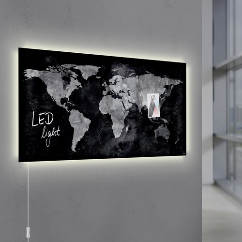 Sigel Glas-Magnettafel mit LED-Beleuchtung Artverum World Map LED Light Schwarz (B x H) 91cm x 46cm GL409