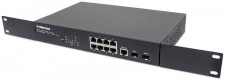 Ein schwarzer Netzwerk-Switch mit mehreren Ethernet-Ports ist für die Rackmontage vorgesehen und dient zur Netzwerkverbindung.