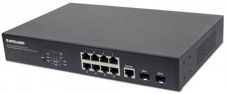 Schwarzer Netzwerk-Switch mit 12 Ethernet-Anschlüssen und zusätzlichen Console-, SFP-, EPS-Anschlüssen auf der Vorderseite.