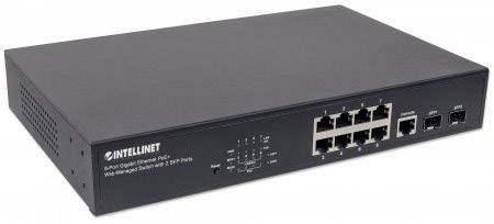 Schwarzer Gigabit-Ethernet-Switch von Intellinet mit 10 Ports, geeignet für Netzwerke und schnelle Datenübertragung.