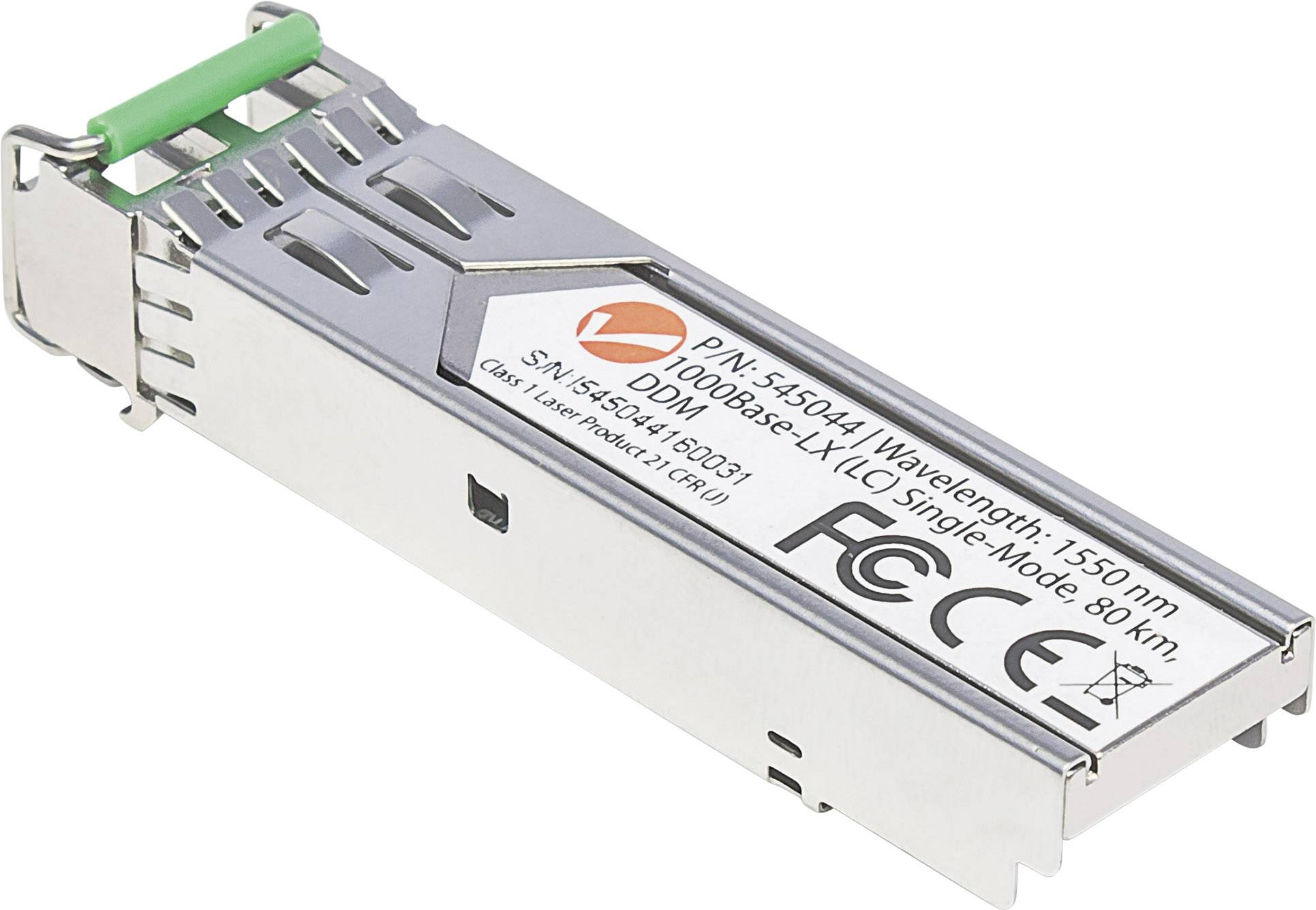 Ein SFP-Modul zur optischen Datenübertragung, beschriftet mit '1000Base-LX'. Metallgehäuse mit grüner und schwarzer Markierung.