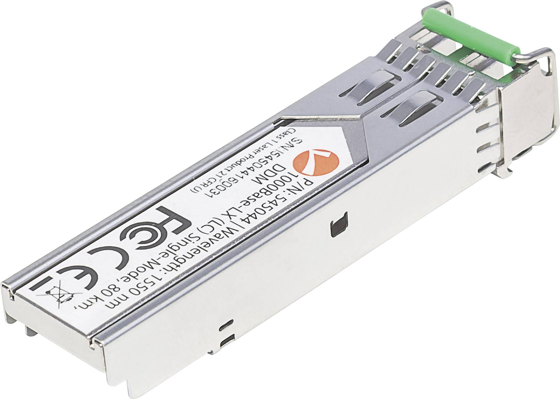 Kleines, rechteckiges elektronisches Modul mit Metallgehäuse und Beschriftung, zeigt ein Produktetikett mit technischen Spezifikationen.