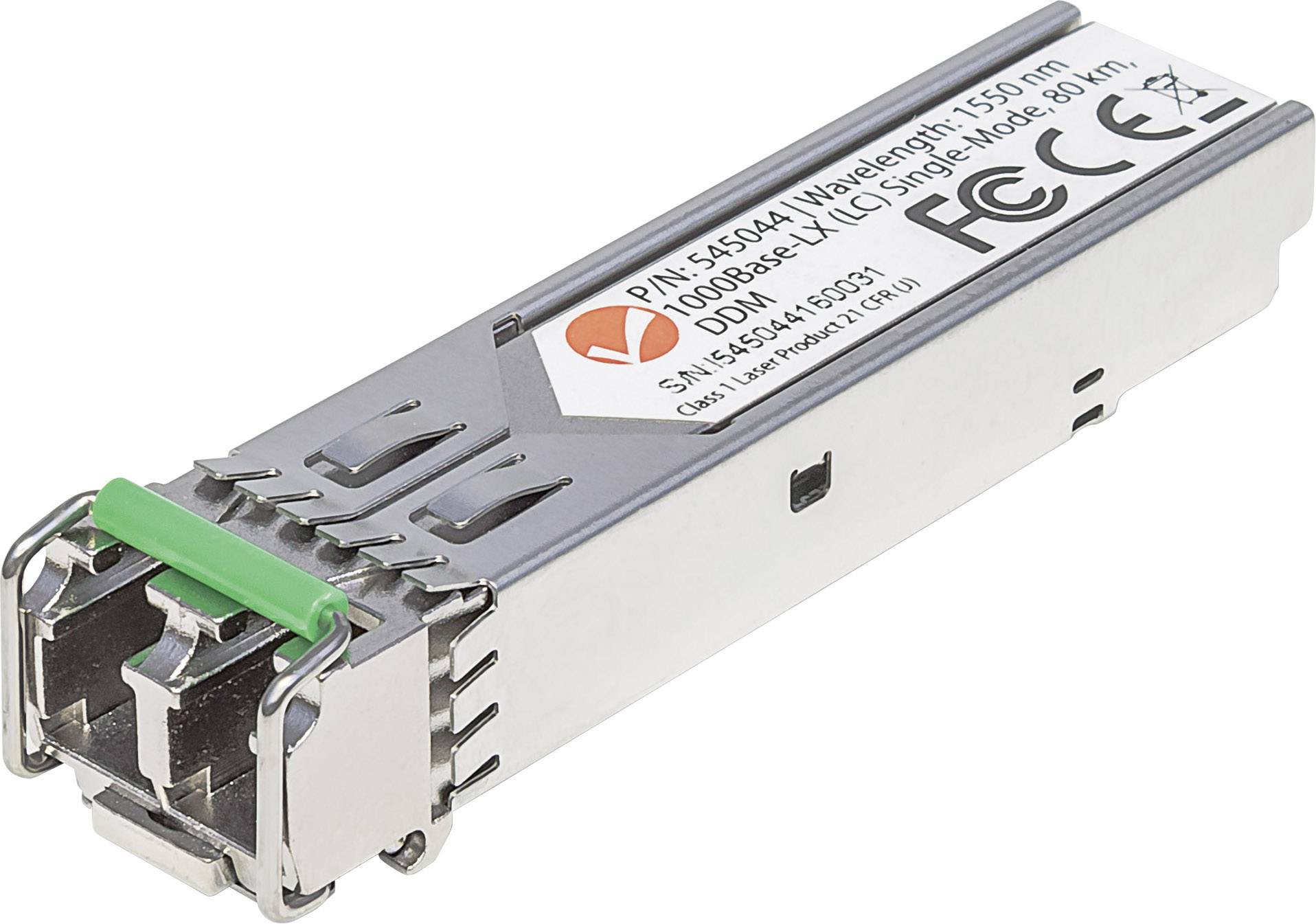 Ein optisches Transceiver-Modul mit Details wie 'Wavelength: 1550 nm', Single-Mode für Netzwerkanwendungen.