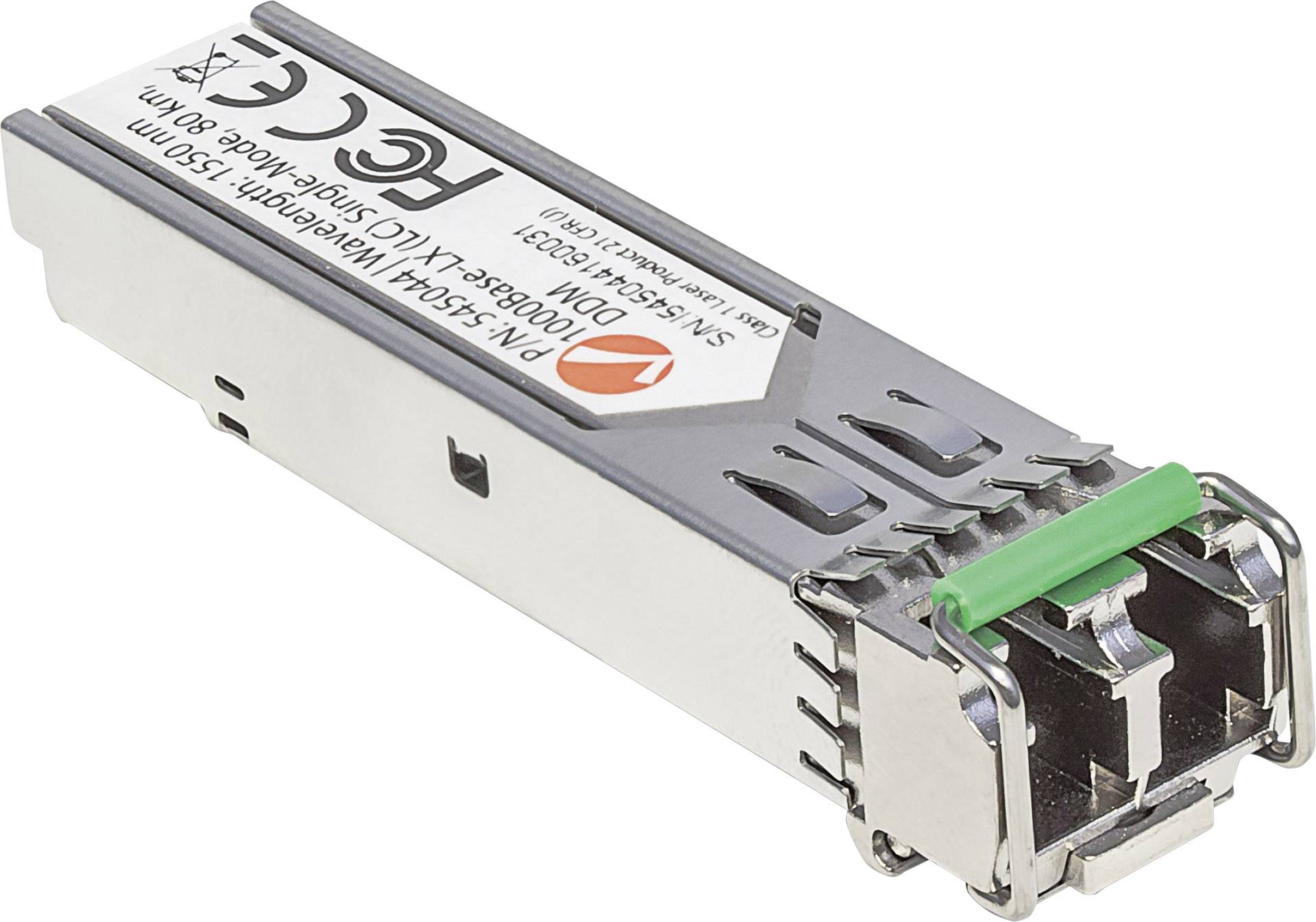 Ein SFP-Transceiver-Modul für Netzwerkverbindungen, grau mit grünen und metallischen Elementen, zeigt technische Spezifikationen auf der Oberseite.