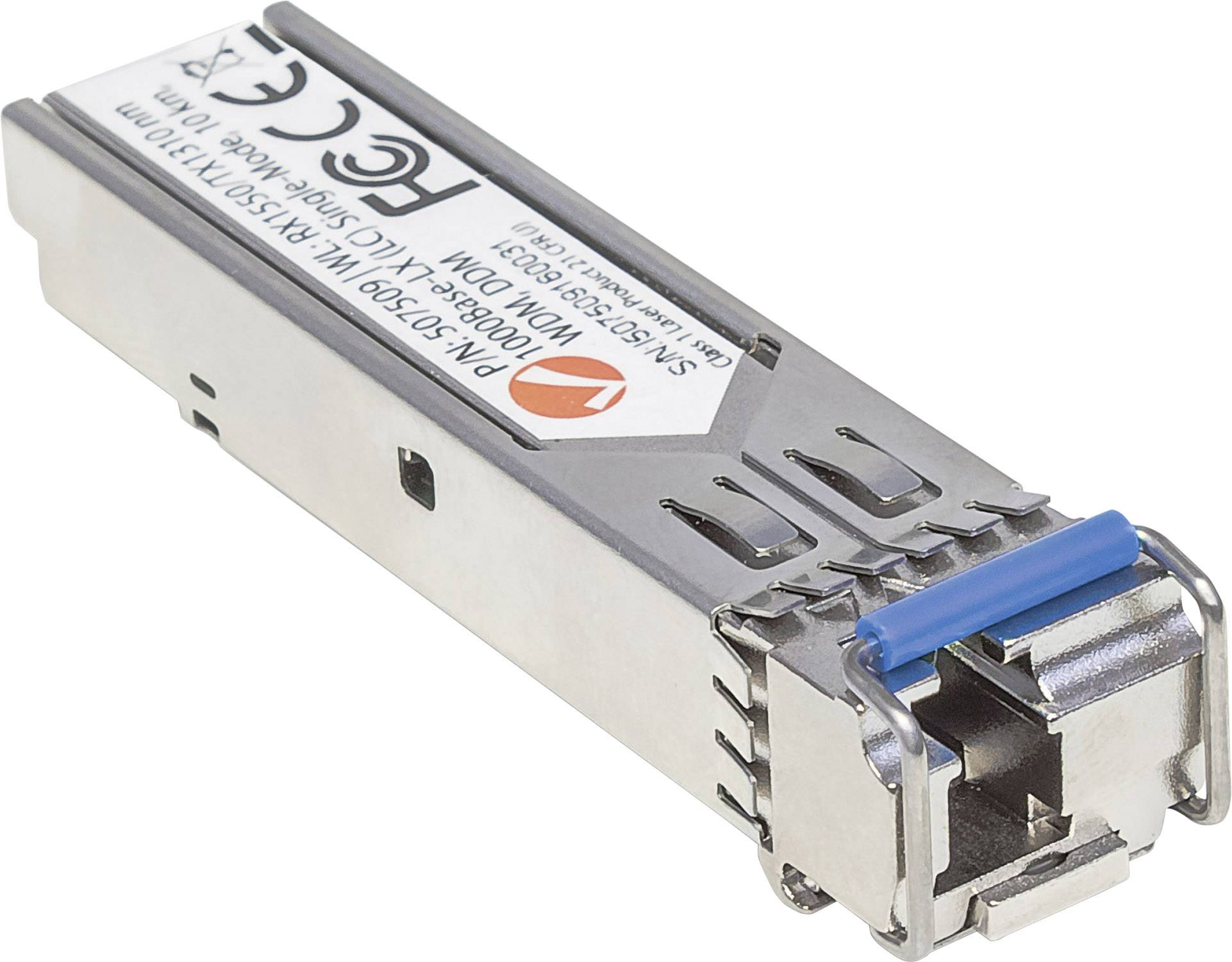 Ein SFP-Modul zur Datenübertragung in Netzwerken. Es ist silbern mit einem blauen Detail und enthält technische Informationen auf einem Etikett.