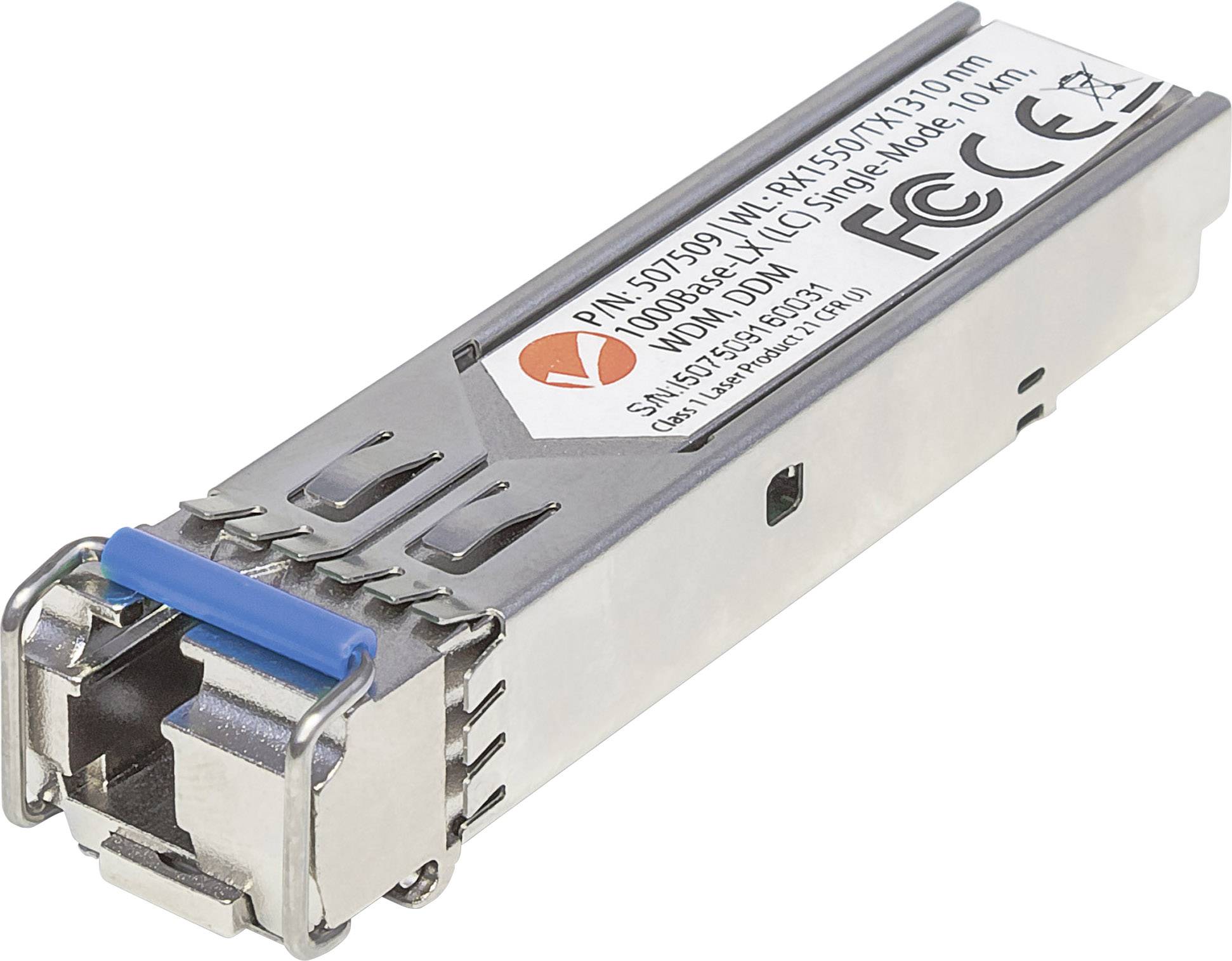 Ein SFP-Modul mit Aufschrift 'Vodafone'. Es wird in Netzwerkausrüstung zur Übertragung von Daten über Glasfaserkabel verwendet.