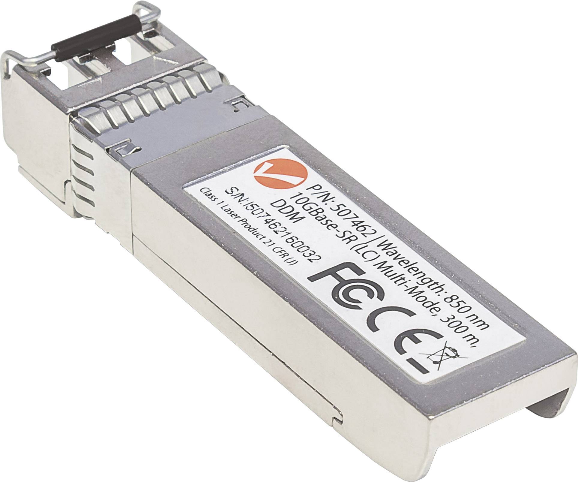 Ein silbernes elektronisches Modul mit Etikett, auf dem technische Spezifikationen und Zertifizierungslogos aufgedruckt sind.