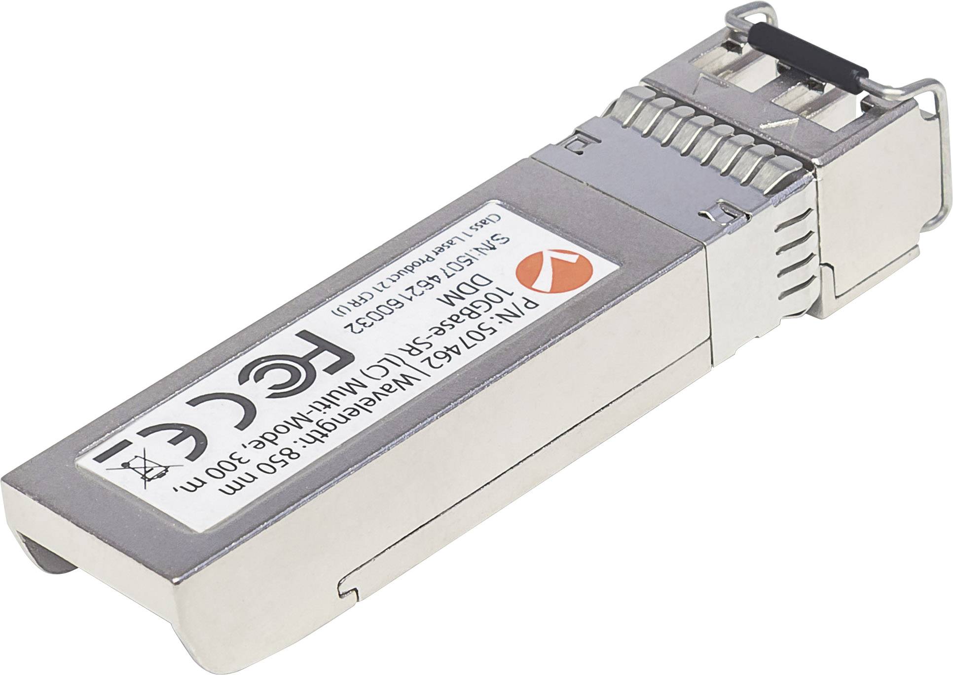 Glasfaser-SFP-Modul mit metallischem Gehäuse und CE-Kennzeichnung. Modellnummer und technische Spezifikationen sind sichtbar.