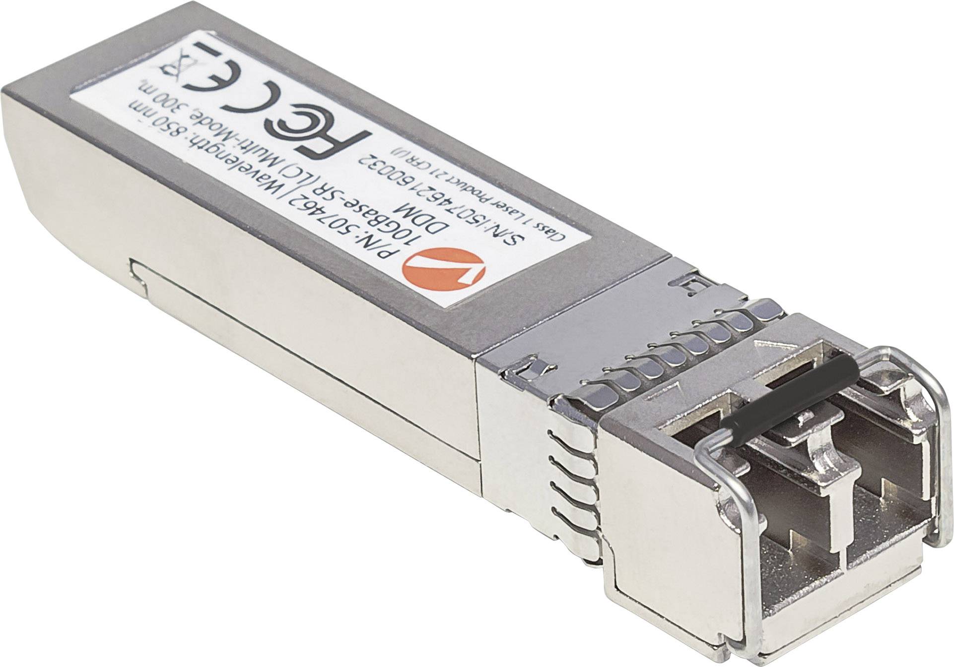 Ein silbernes optisches Netzwerkmodul, rechteckig mit Steckerkontakten, kennzeichnet für Datentransfer in Geräten wie Servern.