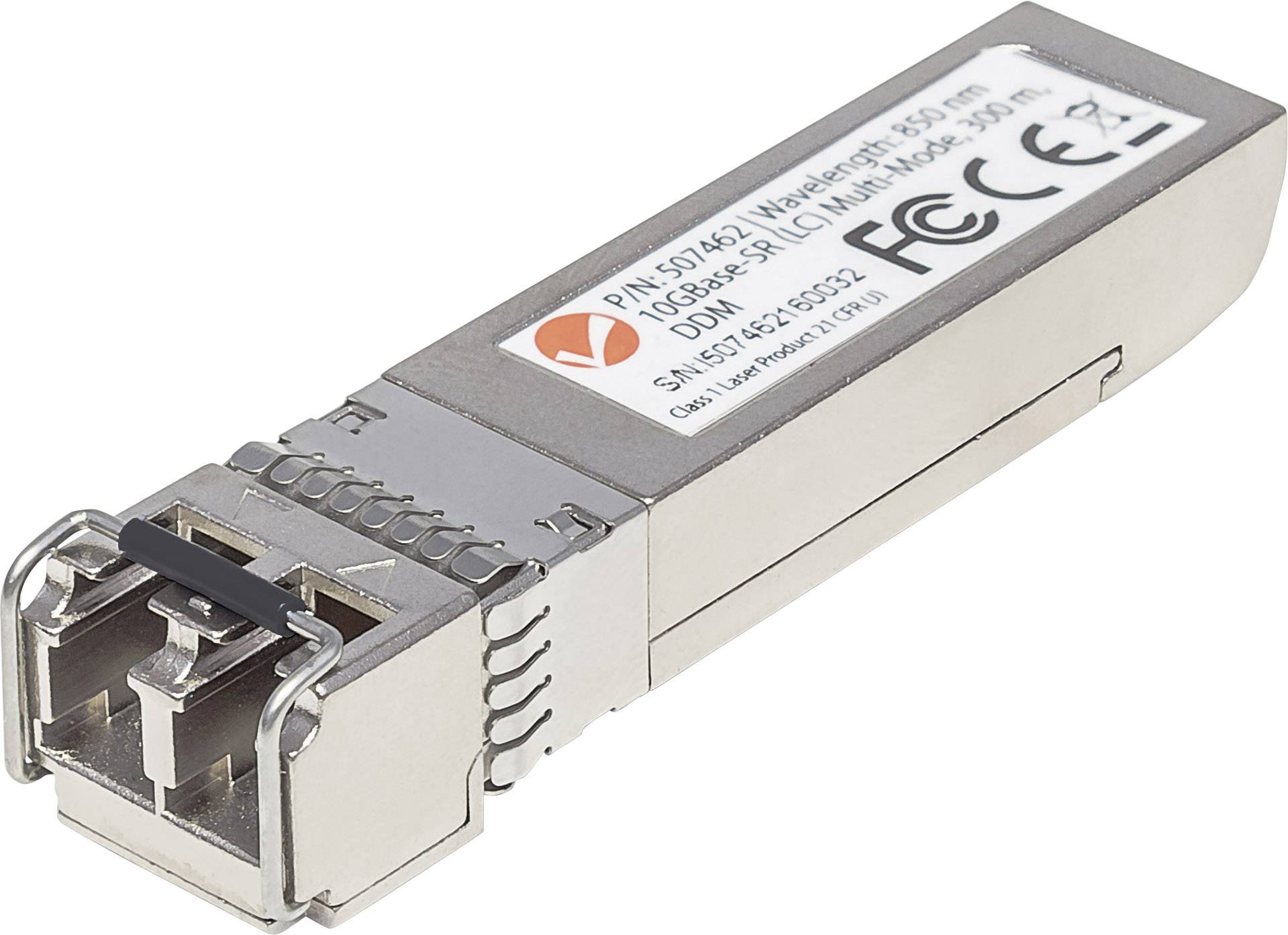 Ein optisches Netzwerkmodul mit FCC und CE Kennzeichnung, zur Datenübertragung in Netzwerkgeräten. Steckanschluss für Lichtwellenleiter sichtbar.