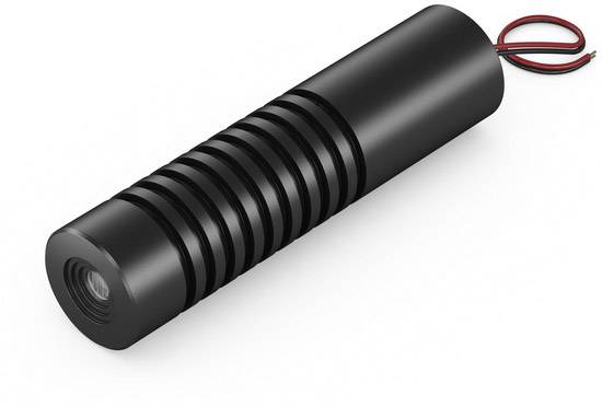 Ein zylindrisches schwarzes Gerät mit geripptem Gehäuse und zwei Drähten; möglicherweise ein Lasermodul oder eine LED-Komponente.