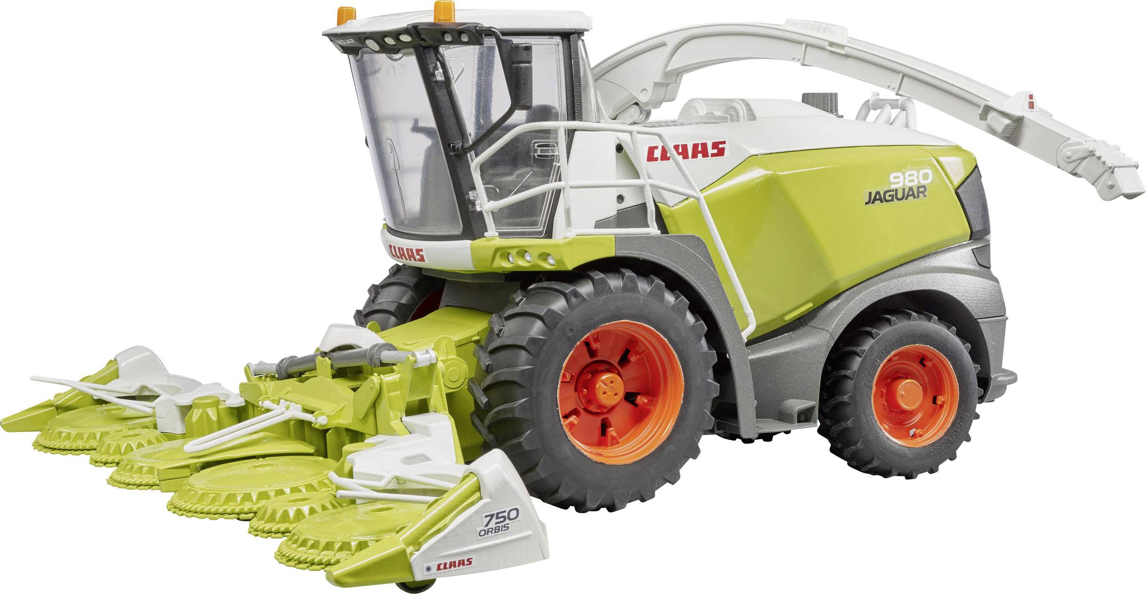 Ein grüner und weißer Mähdrescher mit der Aufschrift 'CLAAS Jaguar 980', spezielle Vorrichtung vorne zum Ernten.