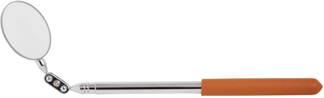 Ein runder Inspektionsspiegel mit verstellbarem Metallgriff und orangem Kunststoffgriff. Ideal für schwer zugängliche Bereiche.