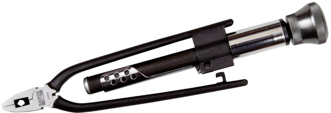 Ein metallischer Werkzeuggriff mit abgerundeten Enden umfasst einen Zylinder mit runden Aussparungen und einem drehbaren Hebelmechanismus.