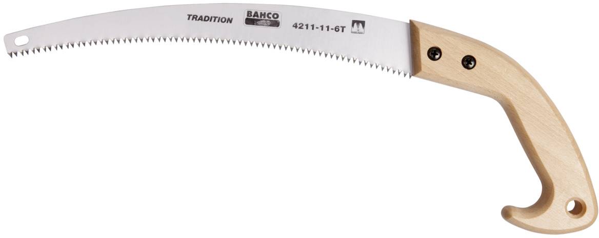 Gebogene Handsäge mit Holzgriff, beschriftet mit 'TRADITION BAHCO 4211-11-6T', geeignet zum Schneiden von Ästen.