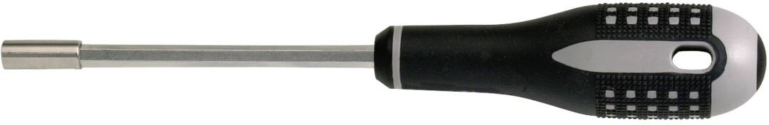 Schwarzer Schraubendreher mit ergonomischem Griff, metallischer Schaft und sechseckiger Spitze, geeignet für diverse Schraubenarten.