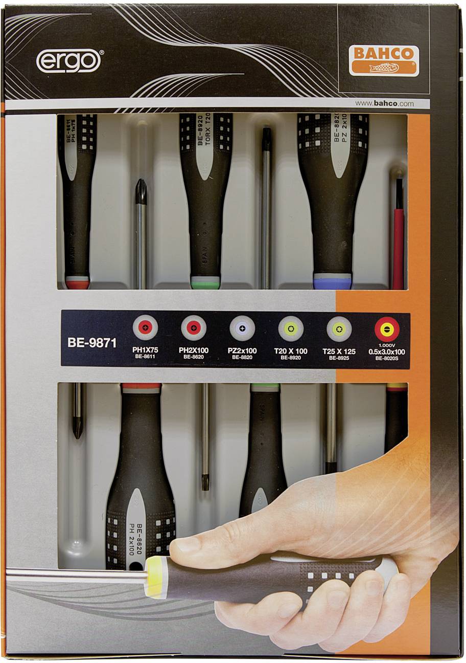 Bahco Ergo Werkstatt Schraubendreher-Set 6teilig Schlitz, Kreuzschlitz Pozidriv, Kreuzschlitz Phill