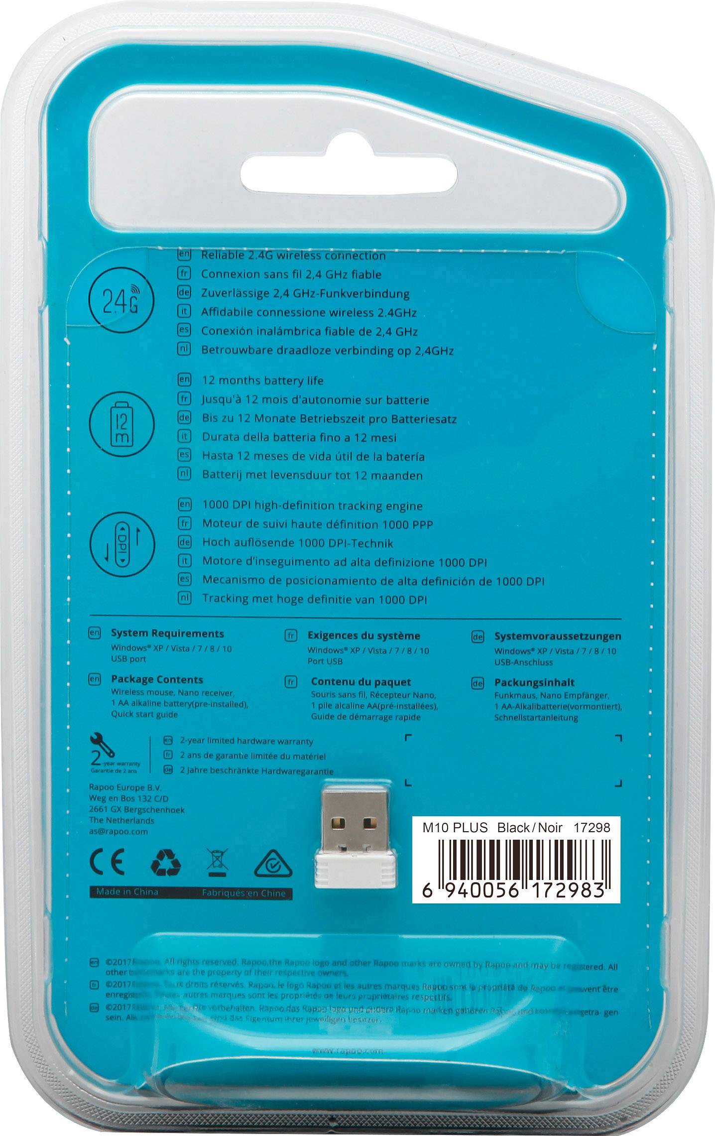 Rapoo M10+ Maus Funk Schwarz 3 Tasten 1000 dpi