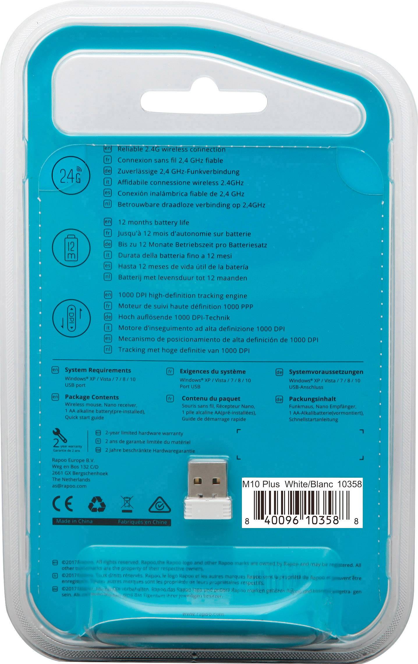 Rapoo M10+ Maus Funk Weiß 3 Tasten 1000 dpi