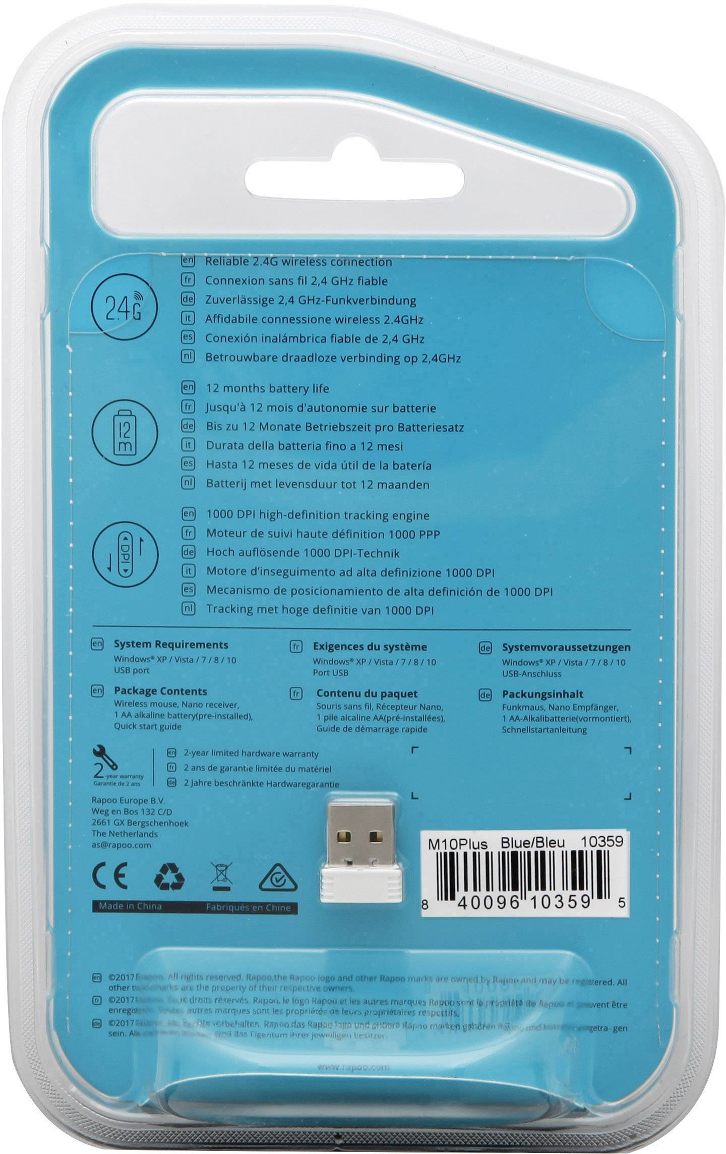 Rapoo M10+ Maus Funk Blau 3 Tasten 1000 dpi